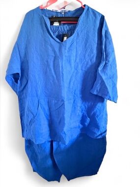 bryn Walker Royal Blue V-Neck Short Sleeve Linen Shirt and pants